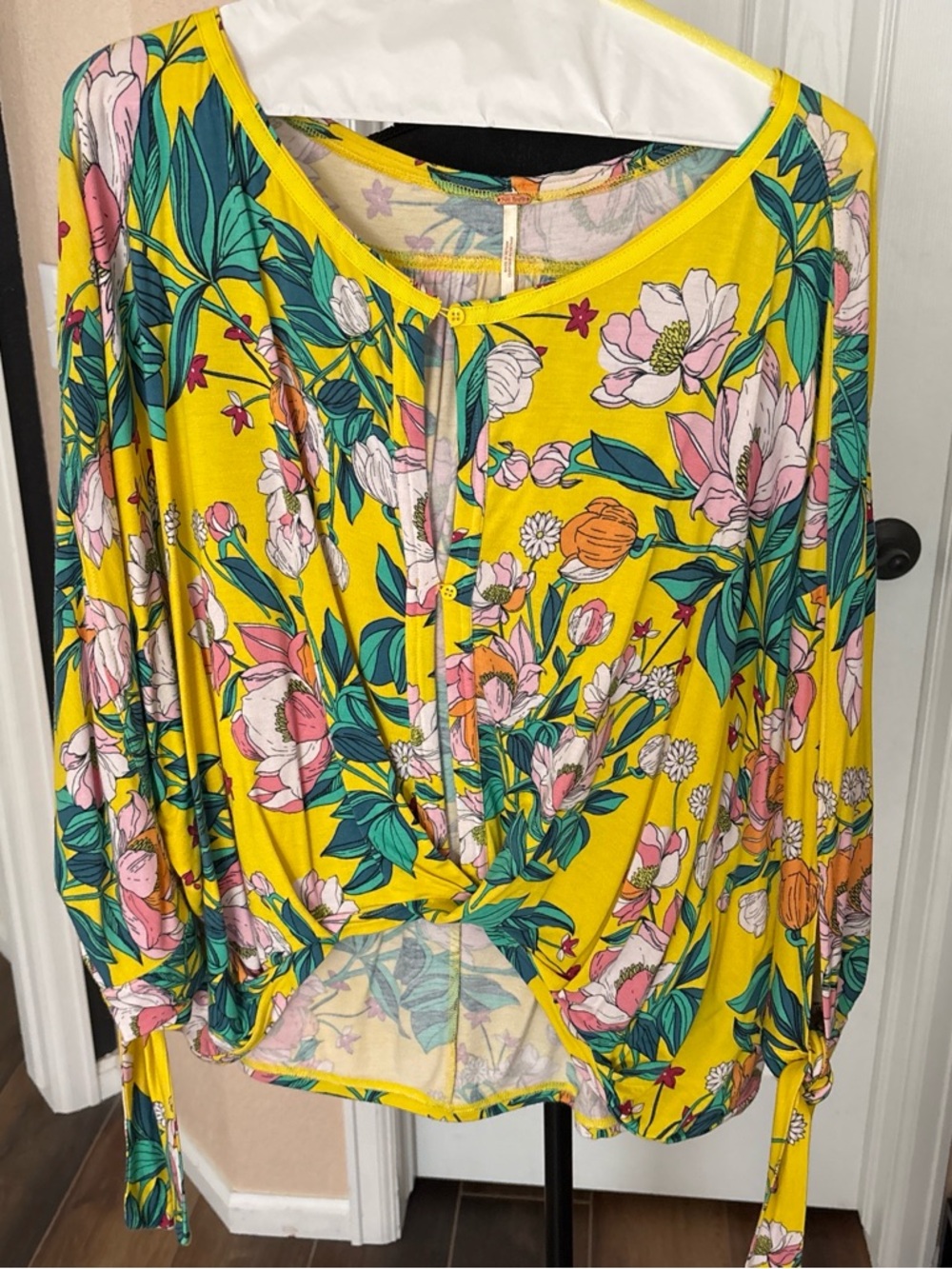 Free People Yellow Floral V-Neck Long Sleeve Blouse
